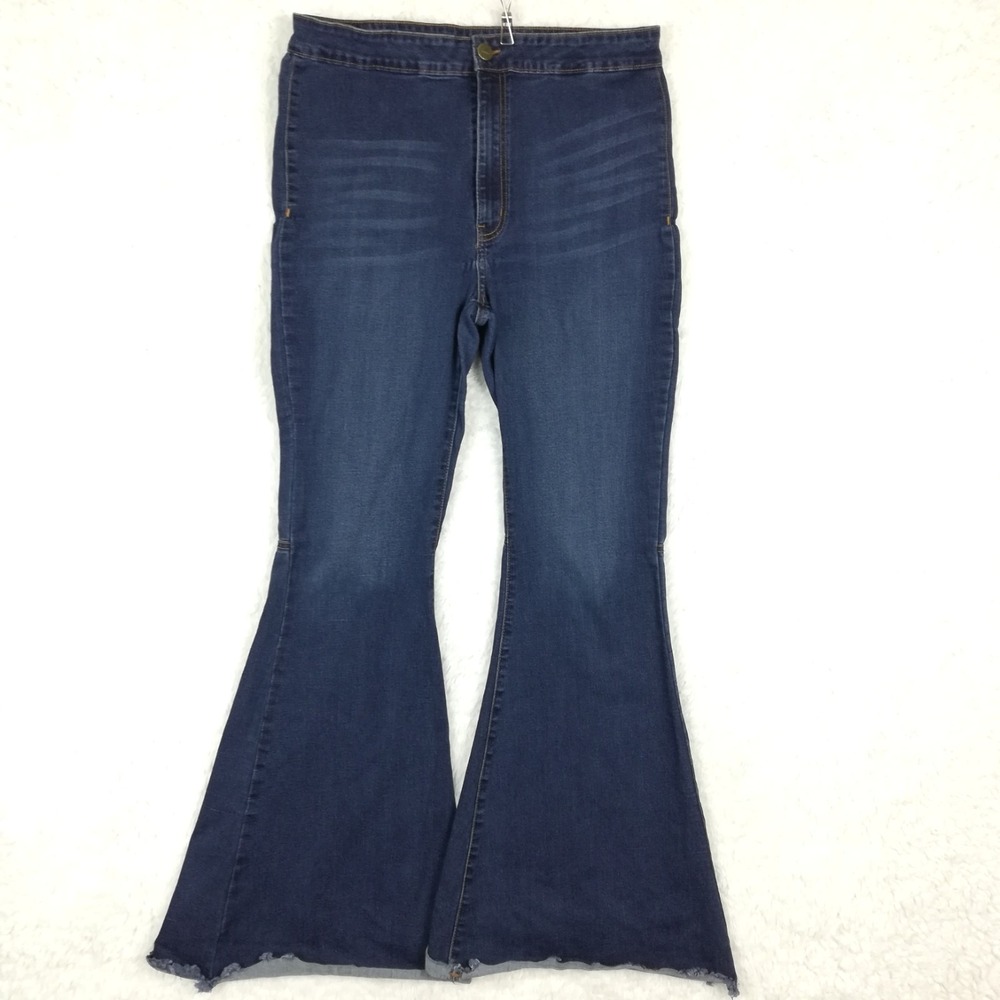 Lucky & Blessed Womens Jeans Flare Bell Bottom‎ Blue Denim High Rise Raw Plus 16